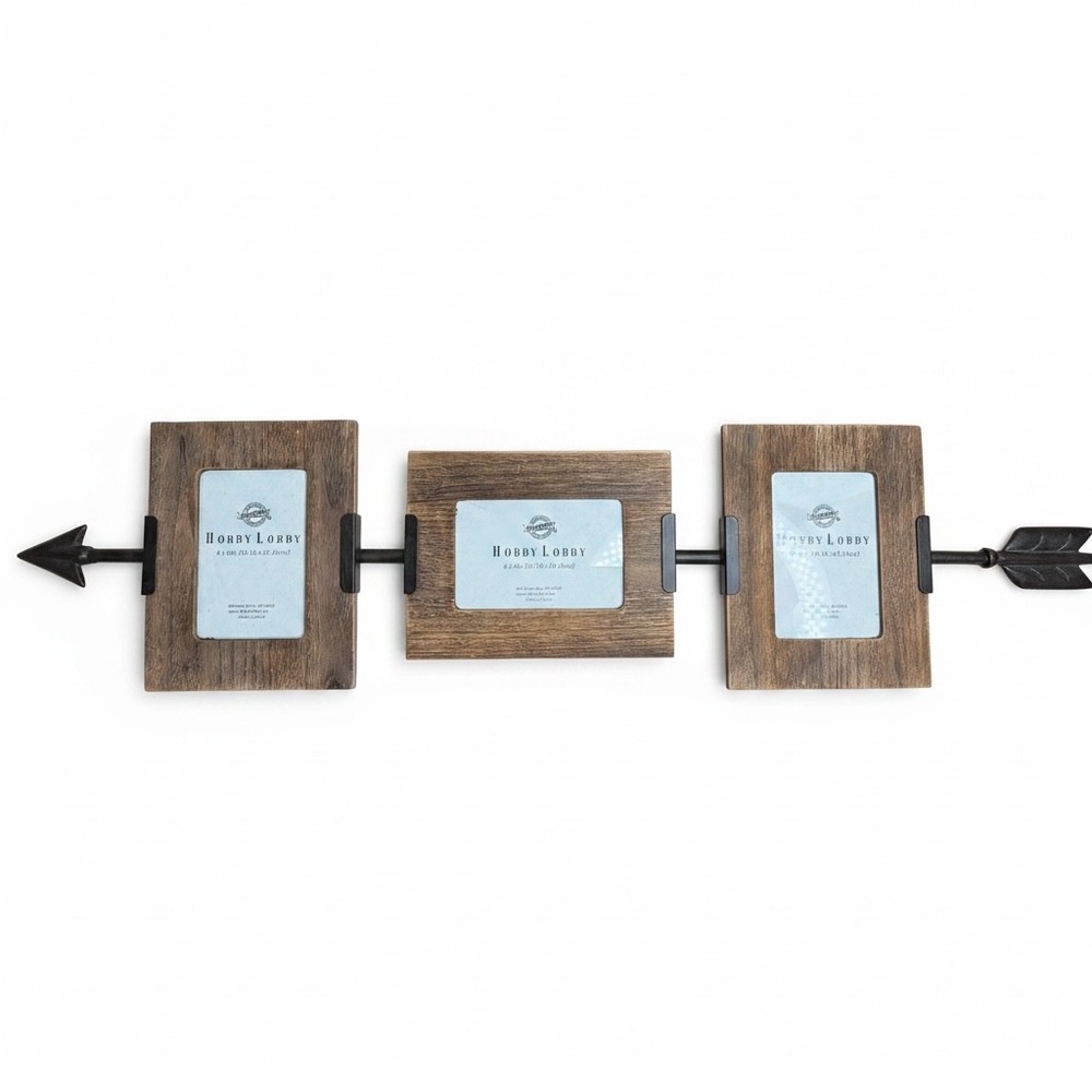 Hobby Lobby Rustic Wood Metal Arrow Triple Photo Frame Wall Decor Collage 4x6